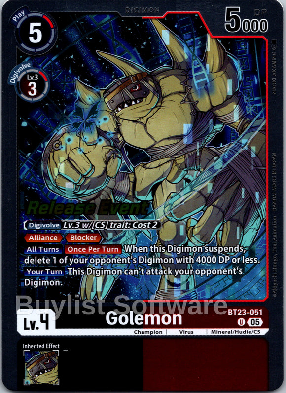 Golemon [BT23-051 U] [Hackers' Slumber Release Event Cards]