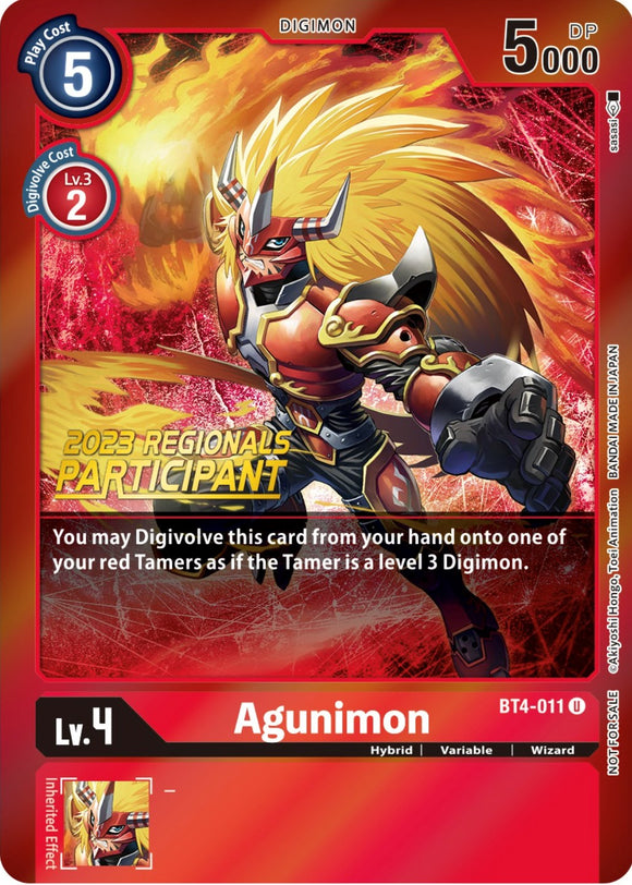 Agunimon (2023 Regionals Participant) [BT4-011] [Great Legend] Foil