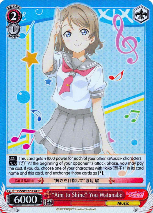 4d91944a-0b46-47fa-bea9-fb030e9bcfeb | ws-lss/we27-e24-r-nf-lovelivesunsextrboos-pf-rar-nm | "Aim to Shine" You Watanabe (Parallel Foil)